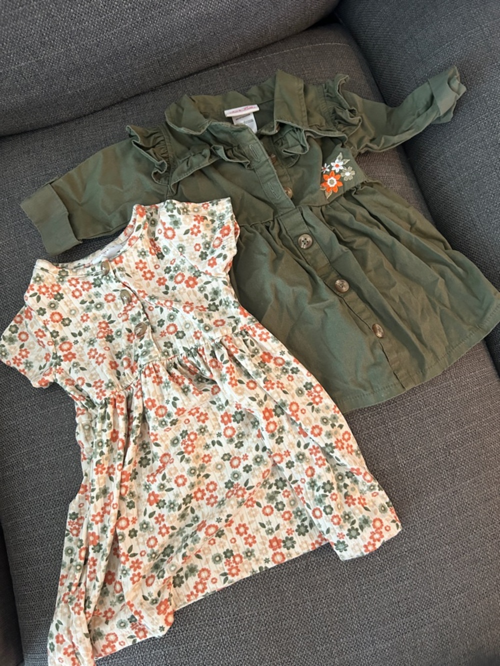 2 Little Lass Olive Green Button-Front Ruffle Dress with Floral Accent